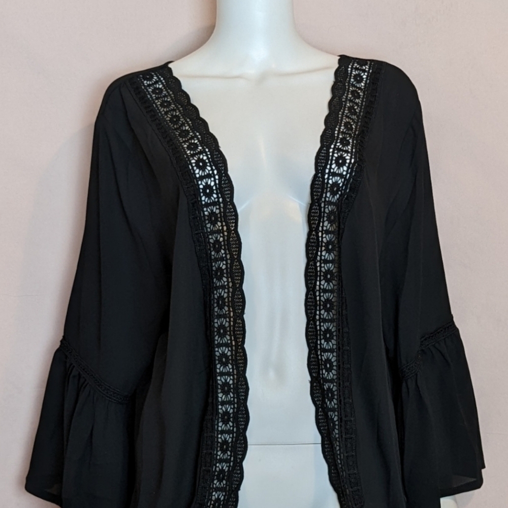 Black Crochet Trim Bohemian Open Front Cardigan Kimono Top